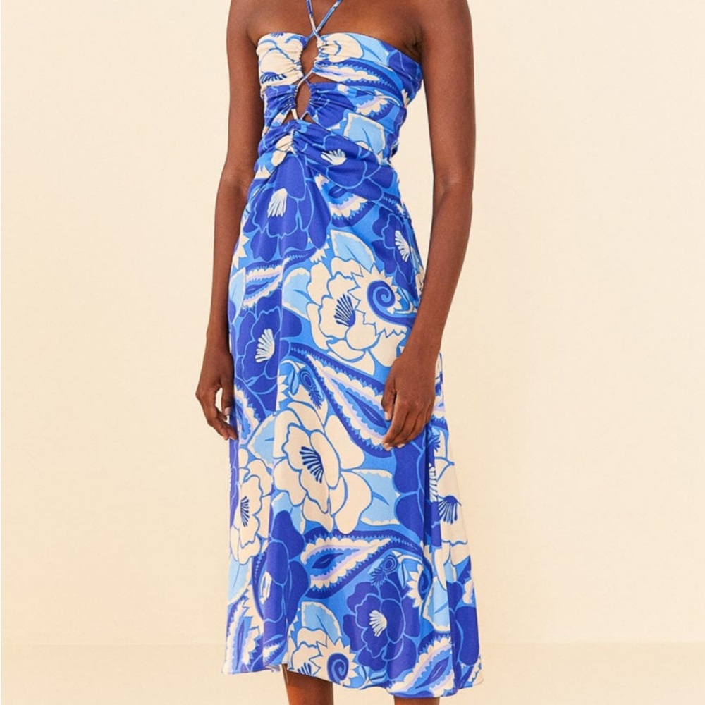 Blue Floral Strapless Midi Dress